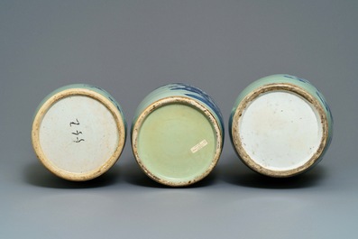 Three Chinese blue and white on celadon ground vases, 19th C.