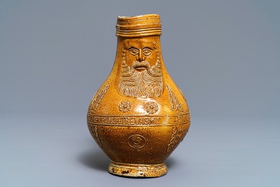 A fine German stoneware Bellarmine jug with text and portrait medallions, Frechen, ca. 1580