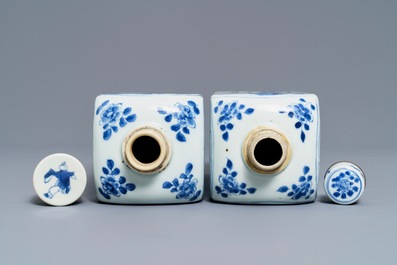 Two Chinese blue and white square tea caddies and covers, Kangxi