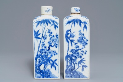 Two Chinese blue and white square tea caddies and covers, Kangxi