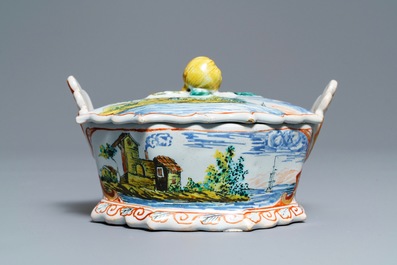 A very fine polychrome petit feu Dutch Delft butter tub on stand, 18th C.