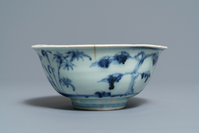 Three Chinese blue and white bowls and a grisaille and iron red vase, Ming and Yongzheng