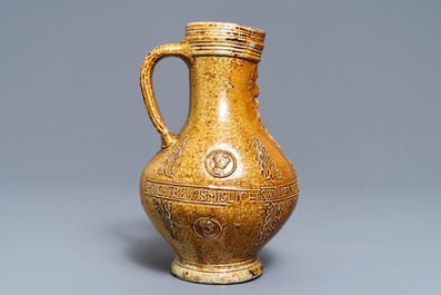 A fine German stoneware Bellarmine jug with text and portrait medallions, Frechen, ca. 1580