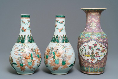 A pair of Chinese famille verte vases and a pink-ground famille rose vase, 19th C.