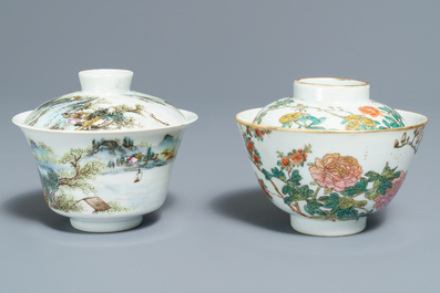 Seven Chinese famille rose and doucai plates, two covered bowls and a 'Wu Shuang Pu' teapot, 19/20th C.
