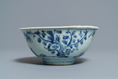 Three Chinese blue and white bowls and a grisaille and iron red vase, Ming and Yongzheng