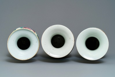 Three Chinese famille rose 'birds and flowers' vases, 19th C.