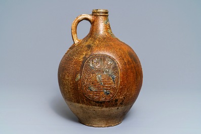 A large German stoneware Bellarmine jug with blue marriage seals, Frechen, 1st half 17th C.