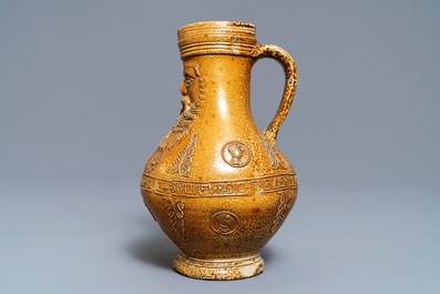 A fine German stoneware Bellarmine jug with text and portrait medallions, Frechen, ca. 1580