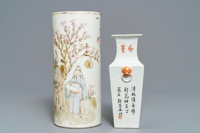 Two Chinese qianjiang cai dishes, a hat stand and a square vase, 19/20th C.