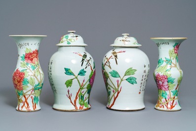 Four Chinese qianjiang cai vases with birds and flowers, 19/20th C.