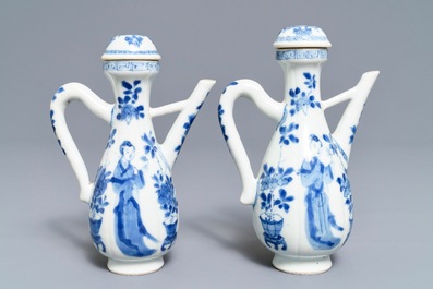 A pair of Chinese blue and white 'Long Eliza' jugs and covers, Kangxi