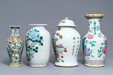 Four Chinese famille rose, verte and qianjiang cai vases, 19/20th C.