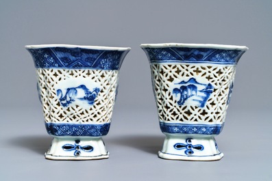A pair of Chinese blue and white reticulated double-walled cups, Qianlong