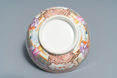 Two Chinese famille rose 'mandarin' bowls and three cups and saucers, Qianlong