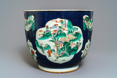 A Chinese blue-ground famille verte fishbowl, 19th C.