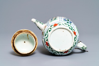 A large Chinese famille verte melon-shaped teapot and cover, Kangxi