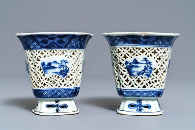 A pair of Chinese blue and white reticulated double-walled cups, Qianlong