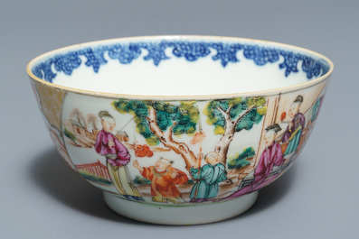 Two Chinese famille rose 'mandarin' bowls and three cups and saucers, Qianlong