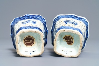 A pair of Chinese blue and white reticulated double-walled cups, Qianlong