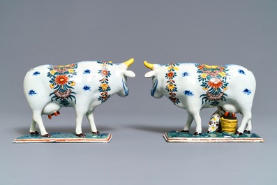 Two polychrome Dutch Delft models of cows on bases, 18th C.