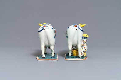 Two polychrome Dutch Delft models of cows on bases, 18th C.
