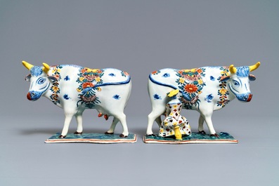 Two polychrome Dutch Delft models of cows on bases, 18th C.
