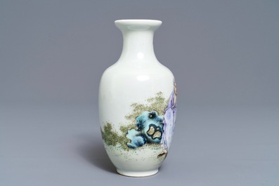 A fine fencai vase with figures in a landscape, Qianlong mark, Republic, 20th C.