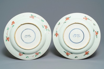 A pair of large Chinese famille verte powder blue-ground dishes, ex-coll. August the Strong, Kangxi
