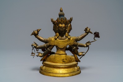 A Sino-Tibetan inlaid gilt bronze figure of Ushnishavijaya, 18th C.
