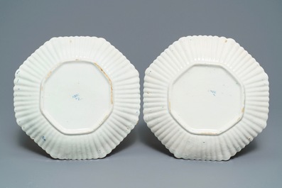 A pair of Dutch Delft blue and white fluted chinoiserie dishes, 18th C.