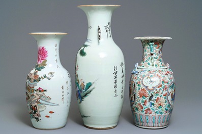 Three Chinese famille rose and qianjiang cai vases, 19/20th C.