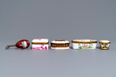 Five porcelain and enamel snuff boxes, Germany and France, 18/19th C.