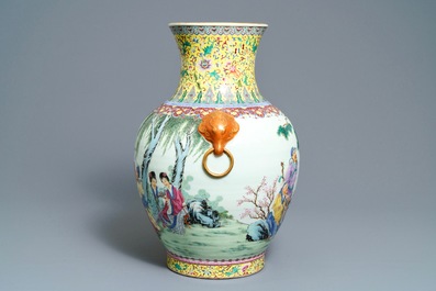 A large Chinese famille rose vase with figures in a landscape, Qianlong mark, 20th C.