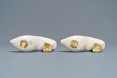 A pair of white Dutch Delft models of slippers, 18th C.
