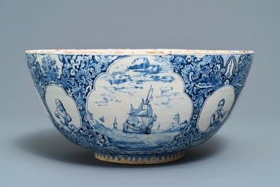 A fine and large Dutch Delft blue and white 'maritime subject' bowl depicting Atlas, 18th C.