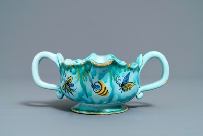 A Brussels faience sauce boat with butterflies and caterpillars, late 18th C.