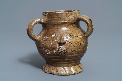 A rare German stoneware pointed nose jug, Raeren, 1st half 16th C.