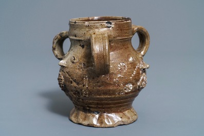 A rare German stoneware pointed nose jug, Raeren, 1st half 16th C.