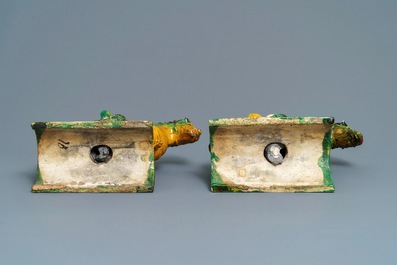 Two Chinese yellow and green-glazed 'horserider' roof tiles, Ming