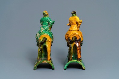 Two Chinese yellow and green-glazed 'horserider' roof tiles, Ming