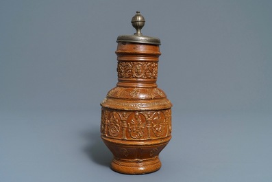 A pewter-mounted stoneware 'Kurfursten' jug, Raeren, dated 1603