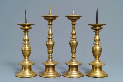 Two pairs of Dutch or Flemish bronze pricket candlesticks, 17th C.