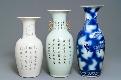 Three Chinese blue and white and qianjiang cai vases, 19/20th C.