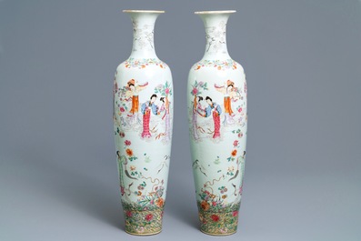 A pair of large Chinese famille rose 'immortals and cranes' vases, Republic, 20th C.