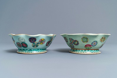 A pair of Chinese famille rose jardini&egrave;res and two celadon bowls, 19th C.