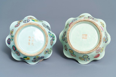 Une paire de jardini&egrave;res et deux bols en porcelaine de Chine famille rose, 19&egrave;me