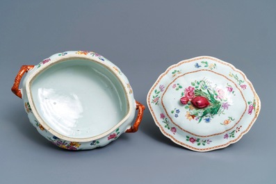 A Chinese famille rose tureen and two mythological subject grisaille plates, Qianlong