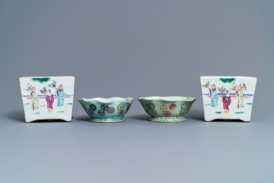 A pair of Chinese famille rose jardini&egrave;res and two celadon bowls, 19th C.