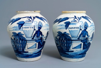 A pair of Dutch Delft blue and white tobacco jars with native American indians, 18th C.